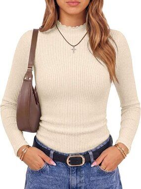 Uniqlo Metallic Ribbed Mock Neck Lettuce Edge Minimalist Balletcore Long Sleeve